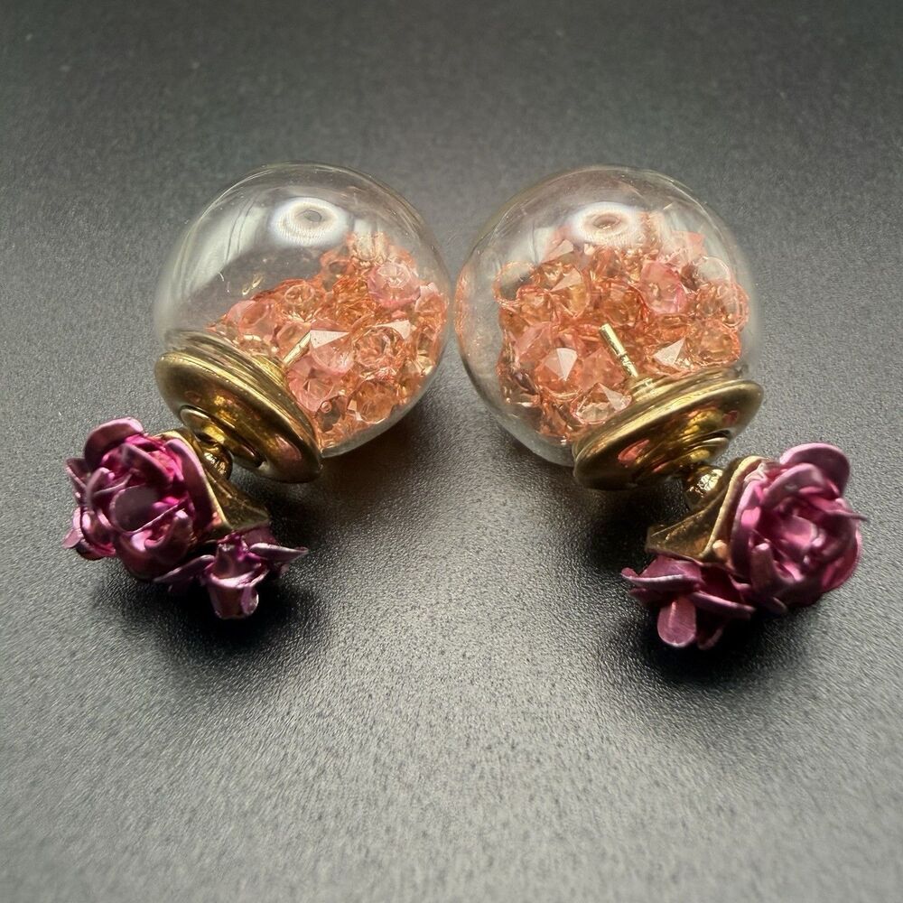 Double Sided Pink Rose Stud Earrings Glass Globe Ball Back Crystal Rhinestone 3D